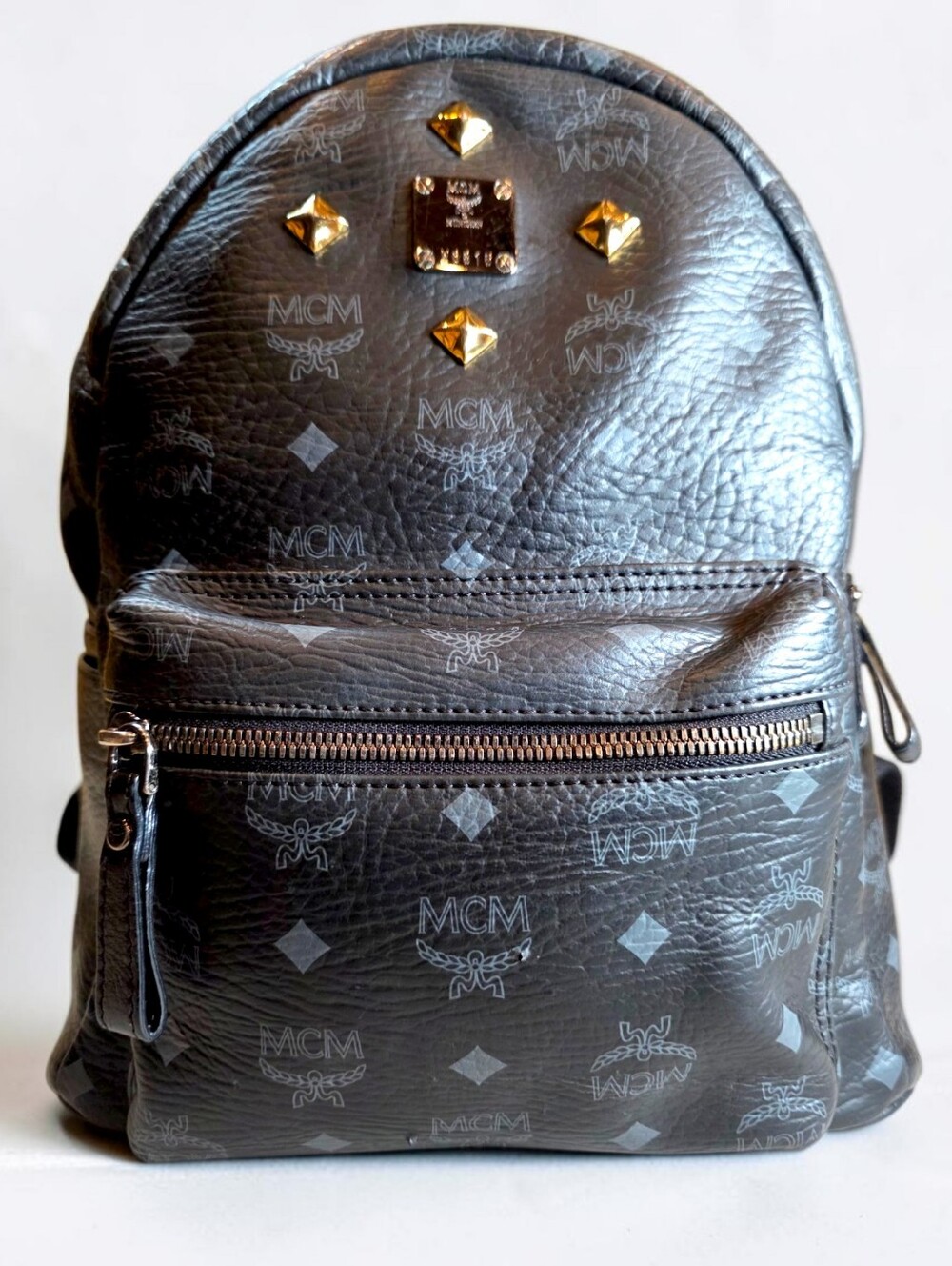 MCM BackPack Black Visetos Leather Logo Gold Studs